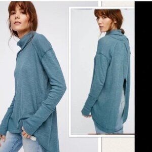 Free People Tara Turtleneck Split Back Shirt - Blue - Size M